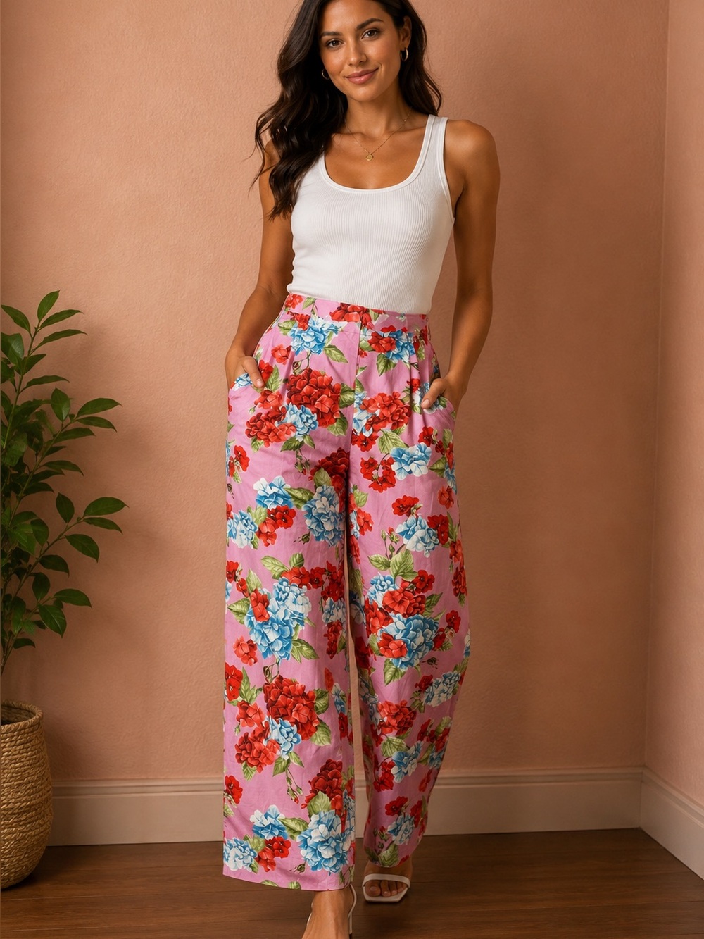 RACHEL ZOE Pink Floral Wide-Leg Trousers
